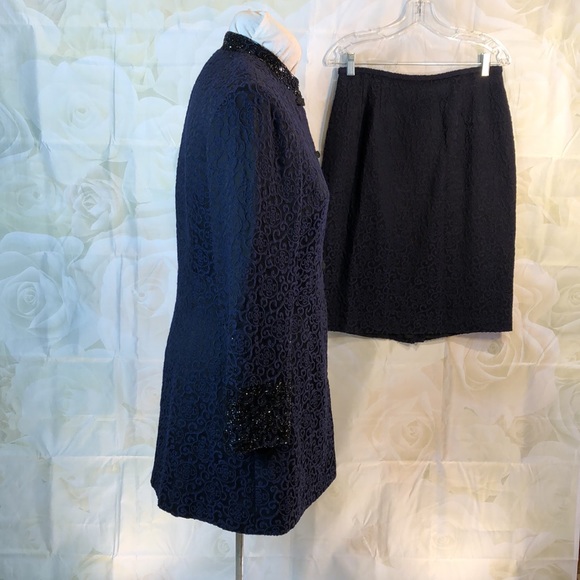 Vintage Rickie Freeman Skirt Suit Long Blazer Blue Black Frog Buttons Sequins 10 - Picture 3 of 12